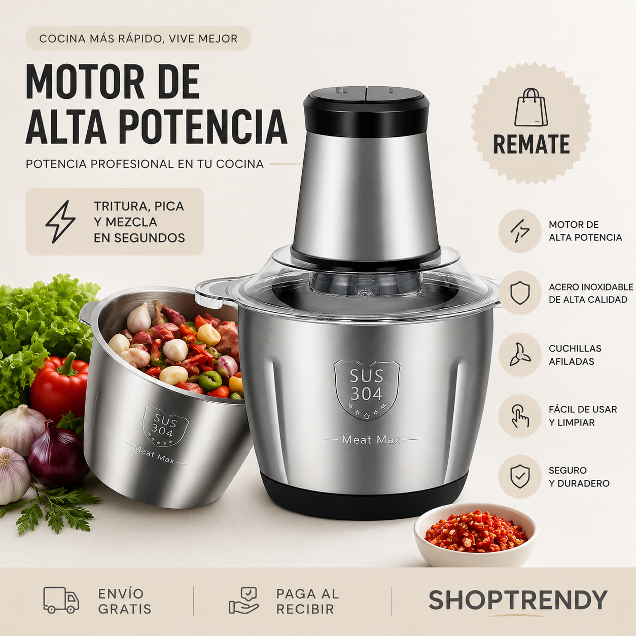 MOLINO PICADOR ELÉCTRICO ACERO INOXIDABLE 🔥2 LITROS🔥MoliChef Pro™ + ENVIO GRATIS  🚚