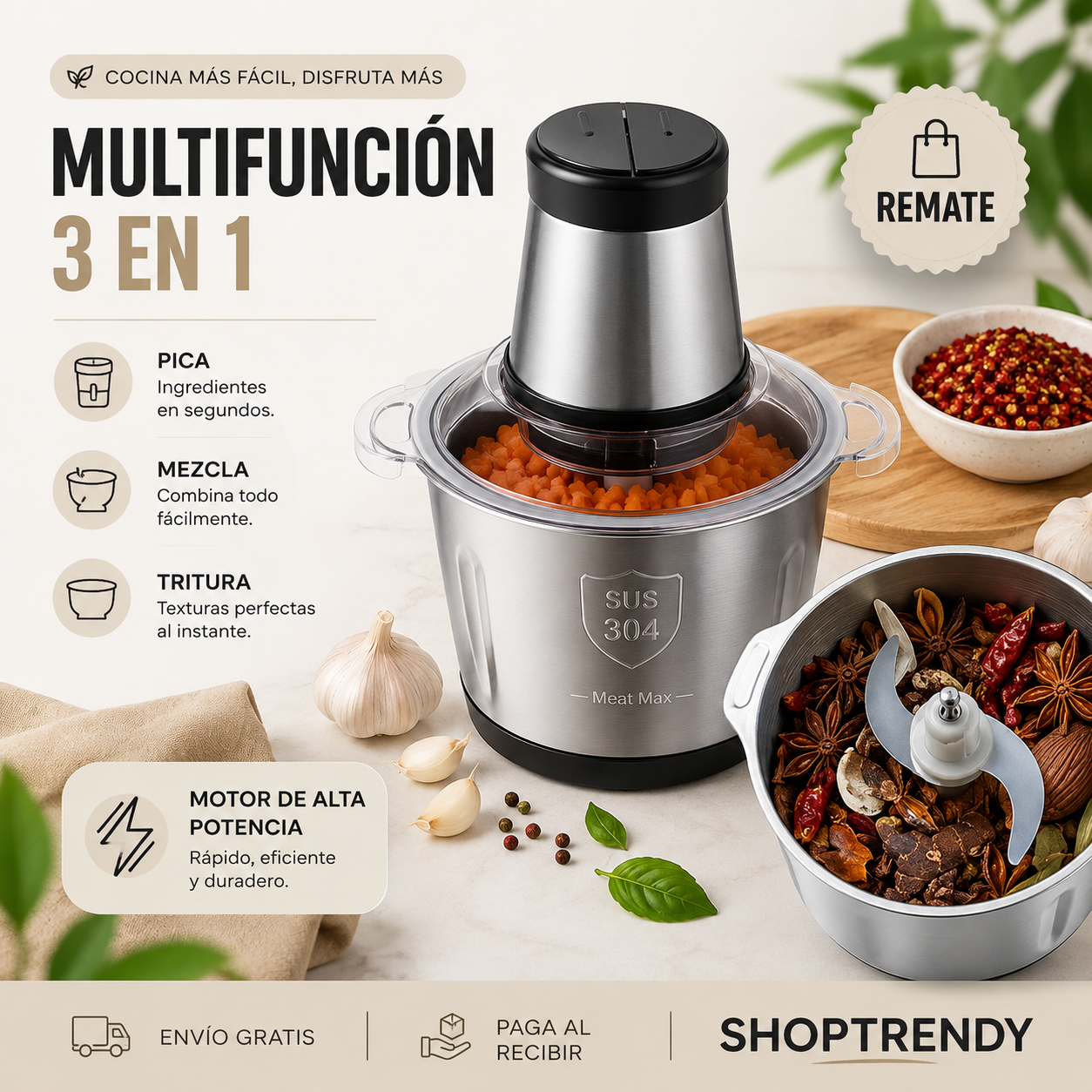 MOLINO PICADOR ELÉCTRICO ACERO INOXIDABLE 🔥2 LITROS🔥MoliChef Pro™ + ENVIO GRATIS  🚚