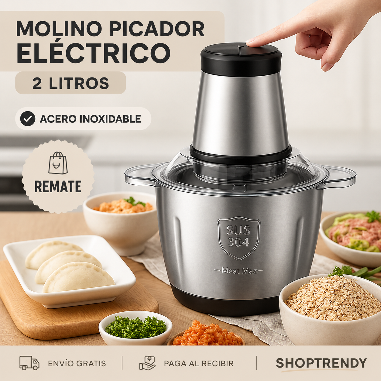 MOLINO PICADOR ELÉCTRICO ACERO INOXIDABLE 🔥2 LITROS🔥MoliChef Pro™ + ENVIO GRATIS  🚚